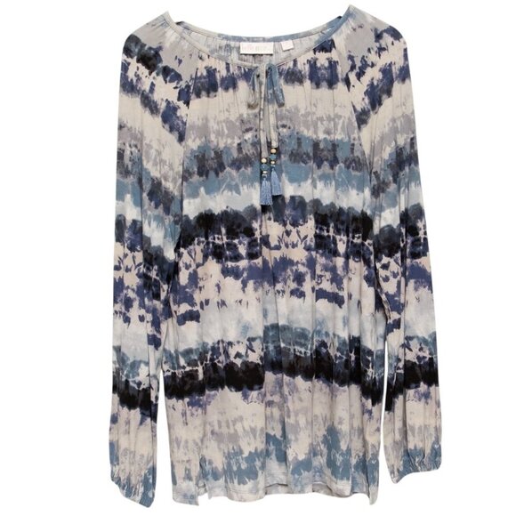 Belle by Kim Gravel Tops - BELLE Kim Gravel Peasant Top Medium Womens Stretch Blue Gray Tie Dye Tassels